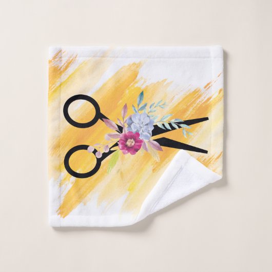 美容師金ゴールドシザーおよび美しいサロンフローラ バスタオルセット (ウォッシュタオル)