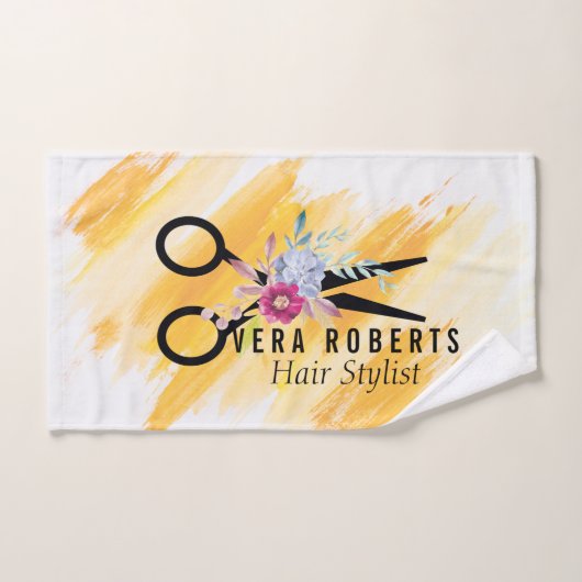 美容師金ゴールドシザーおよび美しいサロンフローラ バスタオルセット (ハンドタオル)