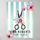 美容師金ゴールドシザーおよび美しいストライプのフローラ ポスター (正面)