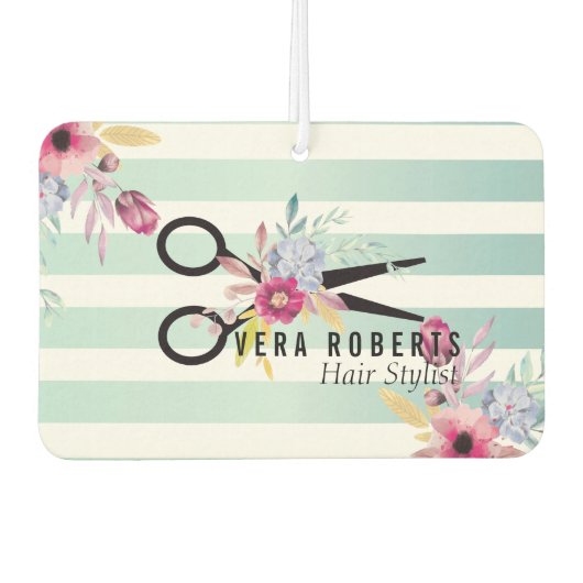 美容師金ゴールドシザーと美しいストライプフローラ カーエアーフレッシュナー (正面)