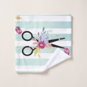 美容師金ゴールドシザーと美しいストライプフローラ バスタオルセット (ウォッシュタオル)