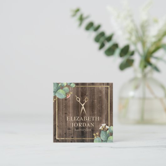 美容師金ゴールドシザーサロン植物木材 スクエア名刺 (スタンド正面)