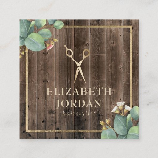 美容師金ゴールドシザーサロン植物木材 スクエア名刺 (正面)