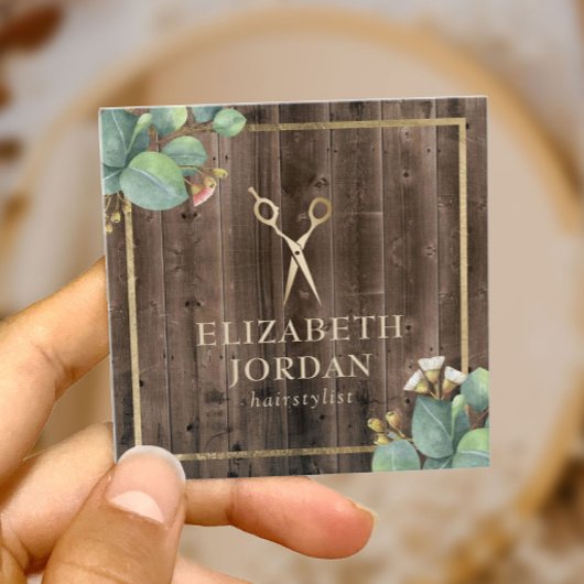 美容師金ゴールドシザーサロン植物木材 スクエア名刺