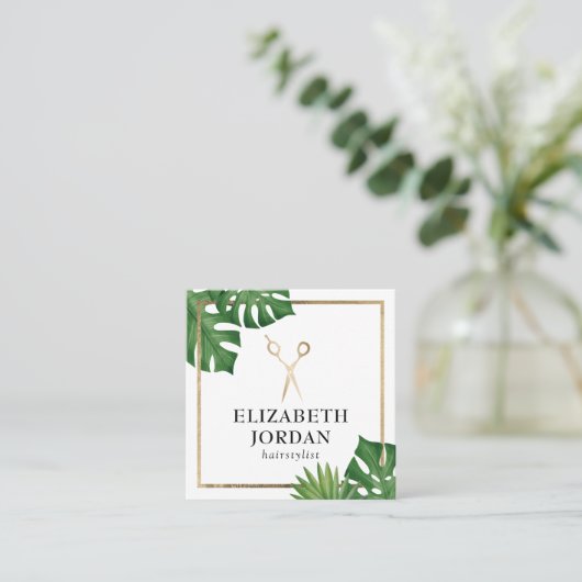 美容師金ゴールドシザーサロン熱帯葉 スクエア名刺 (スタンド正面)