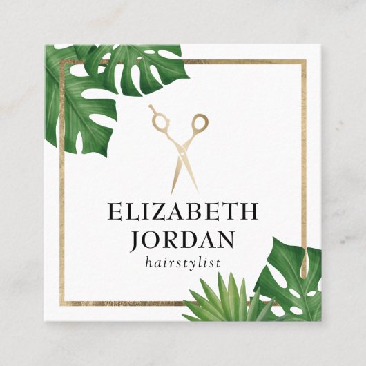 美容師金ゴールドシザーサロン熱帯葉 スクエア名刺 (正面)