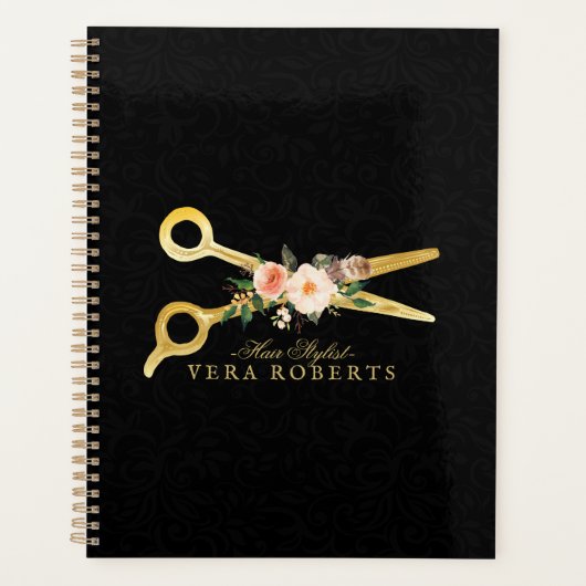 美容師金ゴールドシザーズブラックダマスクラグジュアリー プランナー手帳 (正面)