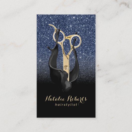 美容師金ゴールドシザーネイビーブルーブラックグラデーション 名刺 (正面)