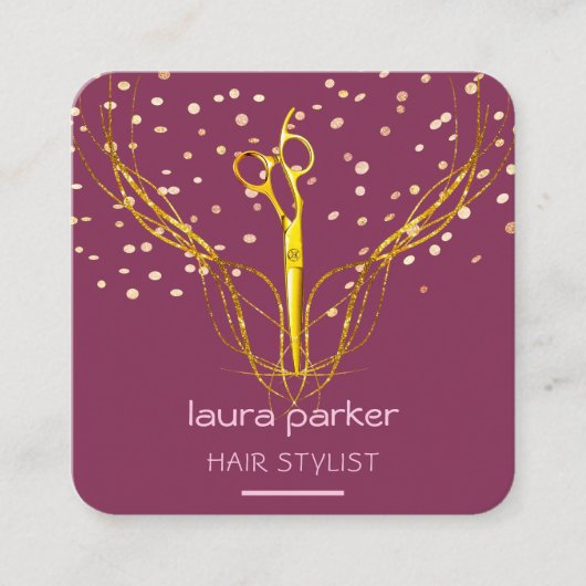 美容師金ゴールドシザーピンクエレガントサロン スクエア名刺 (正面)