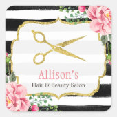 美容師金ゴールドシザーピンクフローラ ストライプの スクエアシール (正面)