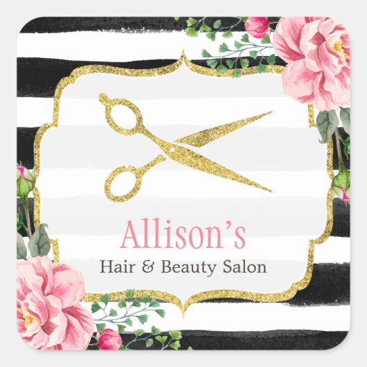 美容師金ゴールドシザーピンクフローラ ストライプの スクエアシール (正面)