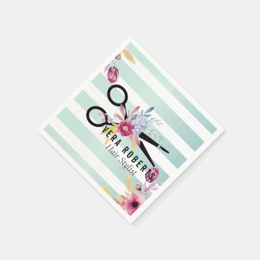 美容師金ゴールドシザーフローラ ストライプの スタンダードカクテルナプキン (角)