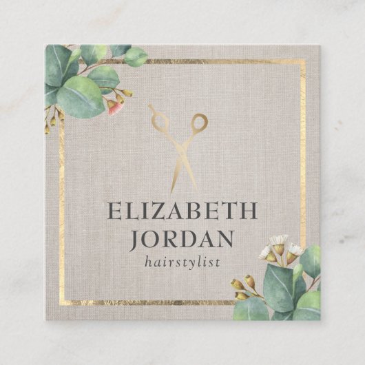 美容師金ゴールドシザーボタニカルヴィンテージリネン スクエア名刺 (正面)