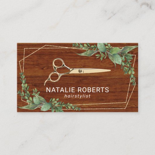 美容師金ゴールドシザー幾何緑色木材 名刺 (正面)