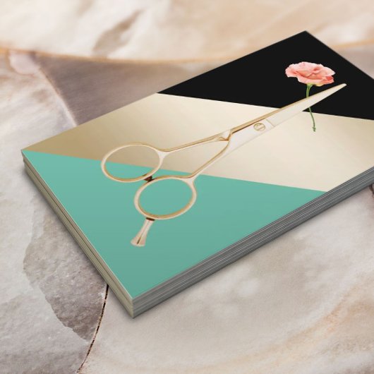 美容師金ゴールドシザー&フラワーモダンストライプズ 名刺