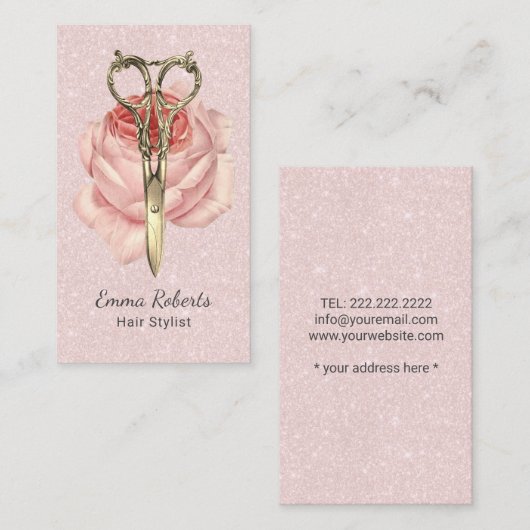 美容師金ゴールドシザー&フラワー赤面ピンク 名刺 (正面/裏面)