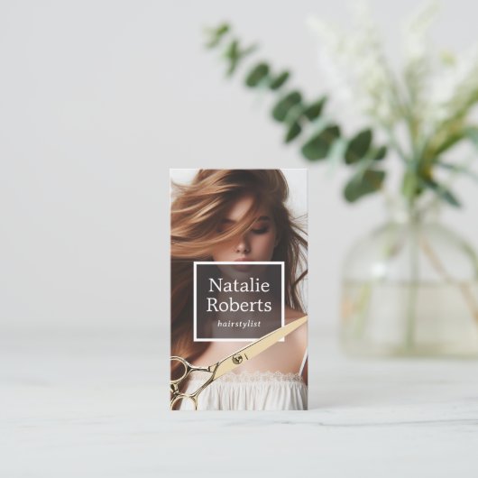 美容師金ゴールドシザー&ロングヘアガールサロン 名刺 (スタンド正面)