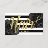 美容師金ゴールドスクリプトモダンブラックフローラ 名刺 (正面)