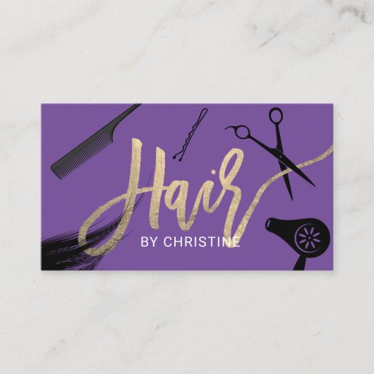 美容師金ゴールドタイポグラフィ美しいサロン紫 名刺 (正面)