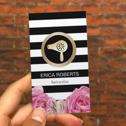 美容師金ゴールドヘアドライヤーモダンストライプフローラ 名刺