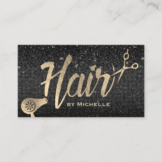 美容師金ゴールドモダンタイポグラフィブラックグリッター 名刺 (正面)
