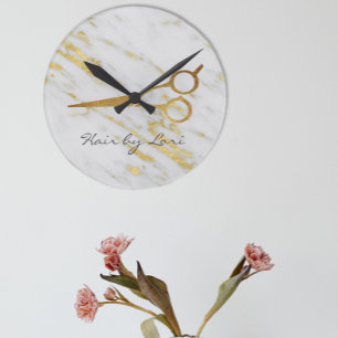 美容師金ゴールド大理石はさみパーソナライズされた ラウンド壁時計
