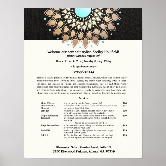 美容師金ゴールド華美モチーフブラックリネンルック ポスター (正面)