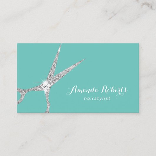 美容師銀グリッターシザーサロンティール(緑がかった色) 名刺 (正面)