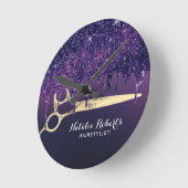 美容師魔法パープルグリッタードリップスサロン ラウンド壁時計 (傾斜)