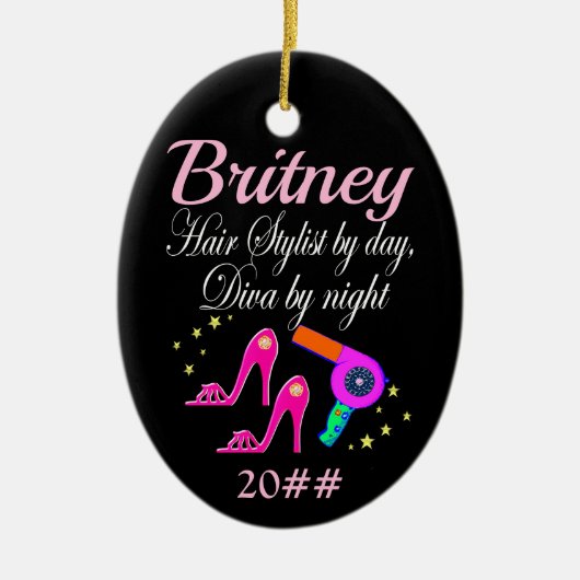 美容師·バイ·デイ·ディヴァ·バイ·ナイパーソナライズされたト セラミックオーナメント (正面)