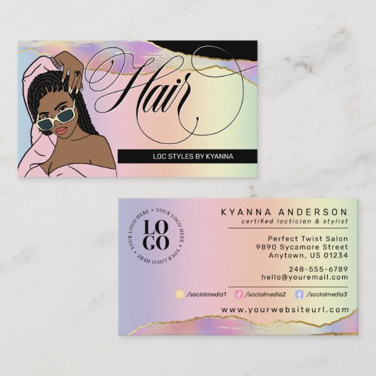 美容師、三つ編み、ロック、サロン、カスタムロゴバス 名刺 (正面/裏面)