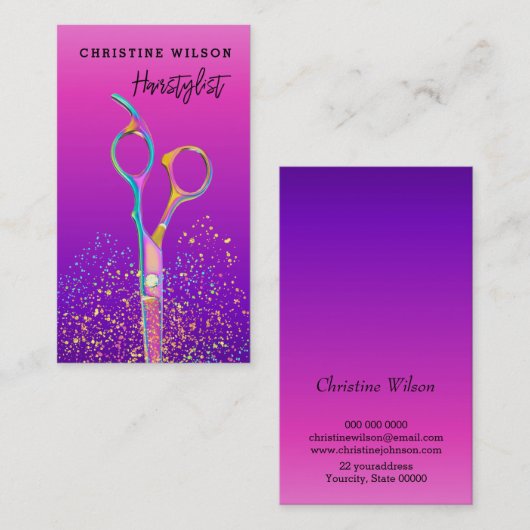 美容用はさみ紫色の背景 名刺
