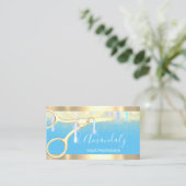 美容用モダン鋏が金ゴールドブルーを滴 名刺 (スタンド正面)