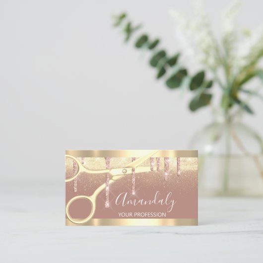 美容用モダン鋏バラ金ゴールド紙吹雪 名刺 (スタンド正面)
