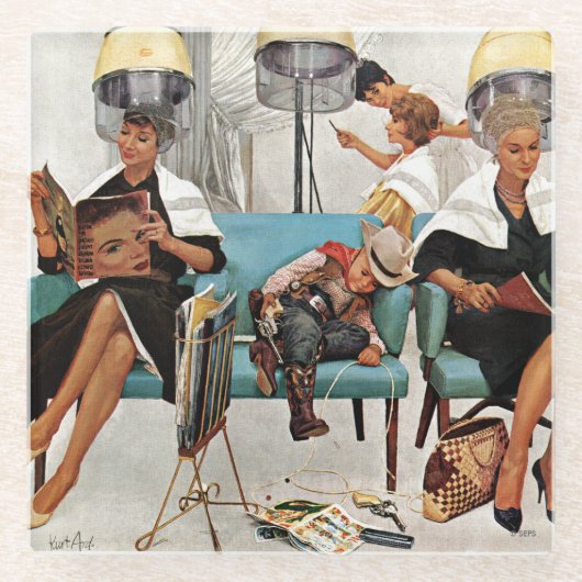 美容院で眠っているカウボーイ ガラスコースター (正面)