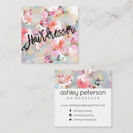 美容院のタイポグラフィのモダンな花の水彩画 スクエア名刺 (正面/裏面)
