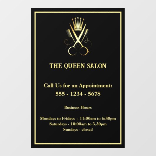 美容院の営業時間 ゴールドハサミ&ブラック ウィンドウサイン (シート)