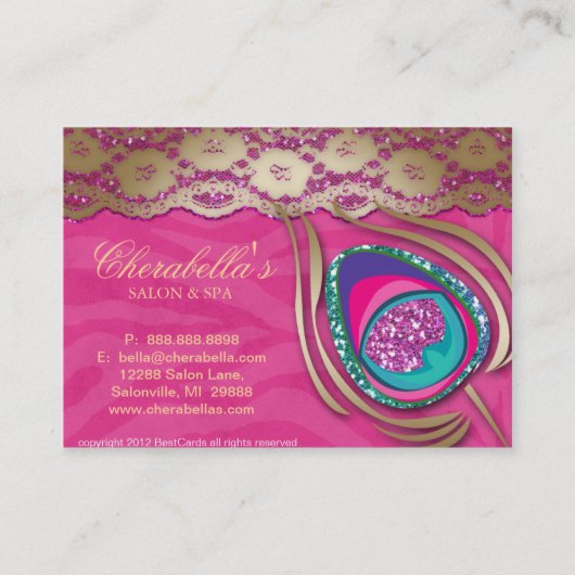 美容院の孔雀の羽のピンクのシマウマのレース 名刺 (正面)
