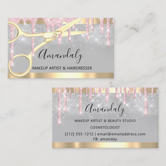 美容院はさみピンクコイフールメイクアップアーティスト 名刺 (正面/裏面)
