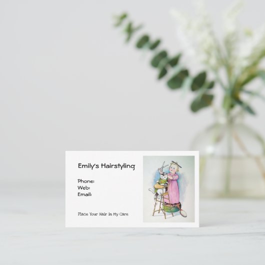 美容院ビジネス: かわいい子供の切断猫の毛 名刺 (スタンド正面)