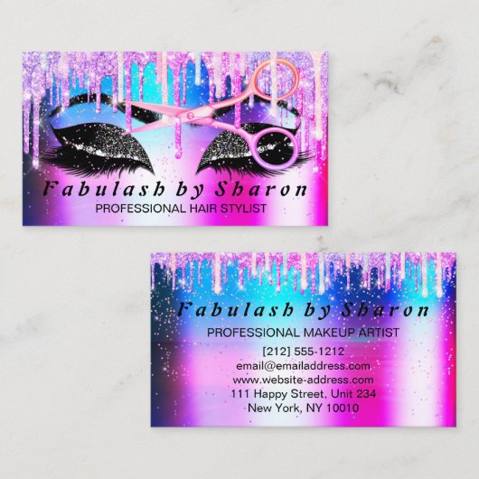 美容院メイクアップまつげピンクルクス垂れ下がり鋏 名刺 (正面/裏面)