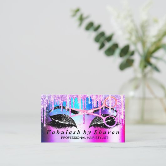 美容院メイクアップまつげピンクルクス垂れ下がり鋏 名刺 (スタンド正面)