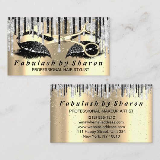 美容院メイクアップまつ毛金ゴールドハサミ 名刺 (正面/裏面)