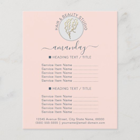 美容院 ヘアデザイナー ロゴ バラ色ブルー 価格リスト チラシ (正面)