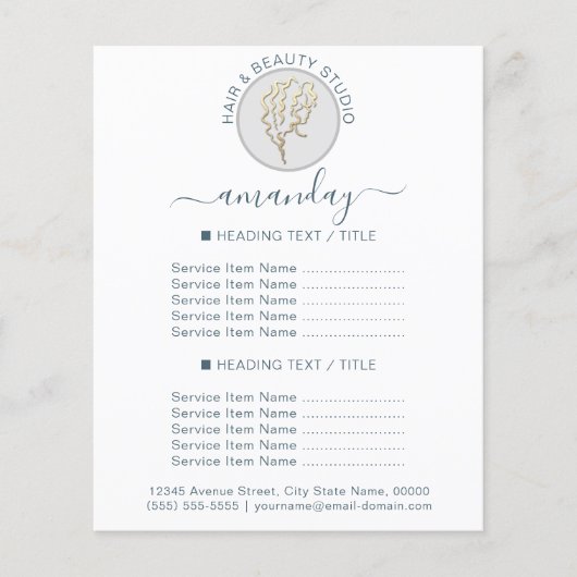 美容院 ヘアデザイナー ロゴ 白 青 価格リスト チラシ (正面)