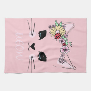 美猫顔ニャーピンクかわいい子おもしろい猫 キッチンタオル