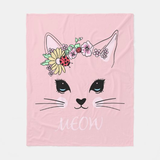 美猫顔ニャーピンクかわいい子おもしろい猫 フリースブランケット (正面)