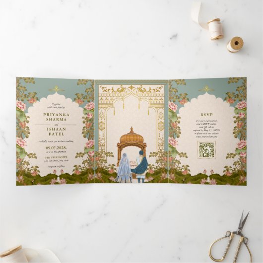 美的インディアン結婚のQRコードすべてを1つにまとめる 三つ折り招待状 (内部)