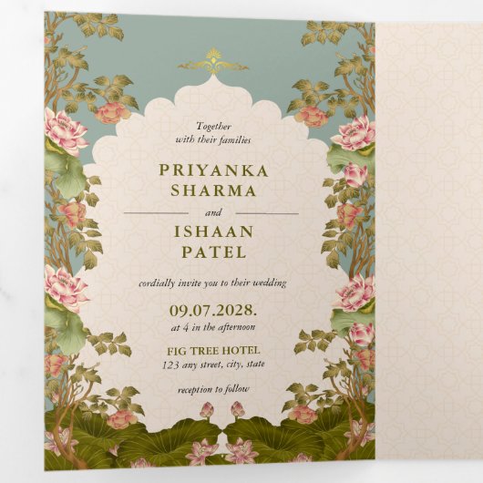 美的インディアン結婚のQRコードすべてを1つにまとめる 三つ折り招待状 (内部最初)