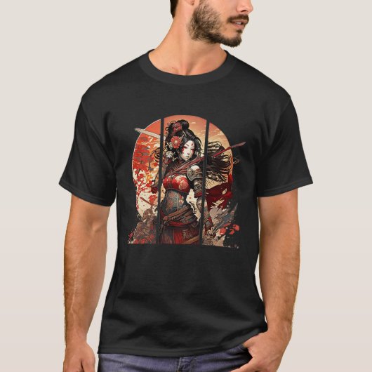 美的サムライ芸者桜日本伝統Ar Tシャツ (正面)